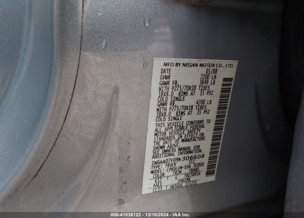 2009 NISSAN TITAN PRO-4X VIN: 1N6AA07F09N306608