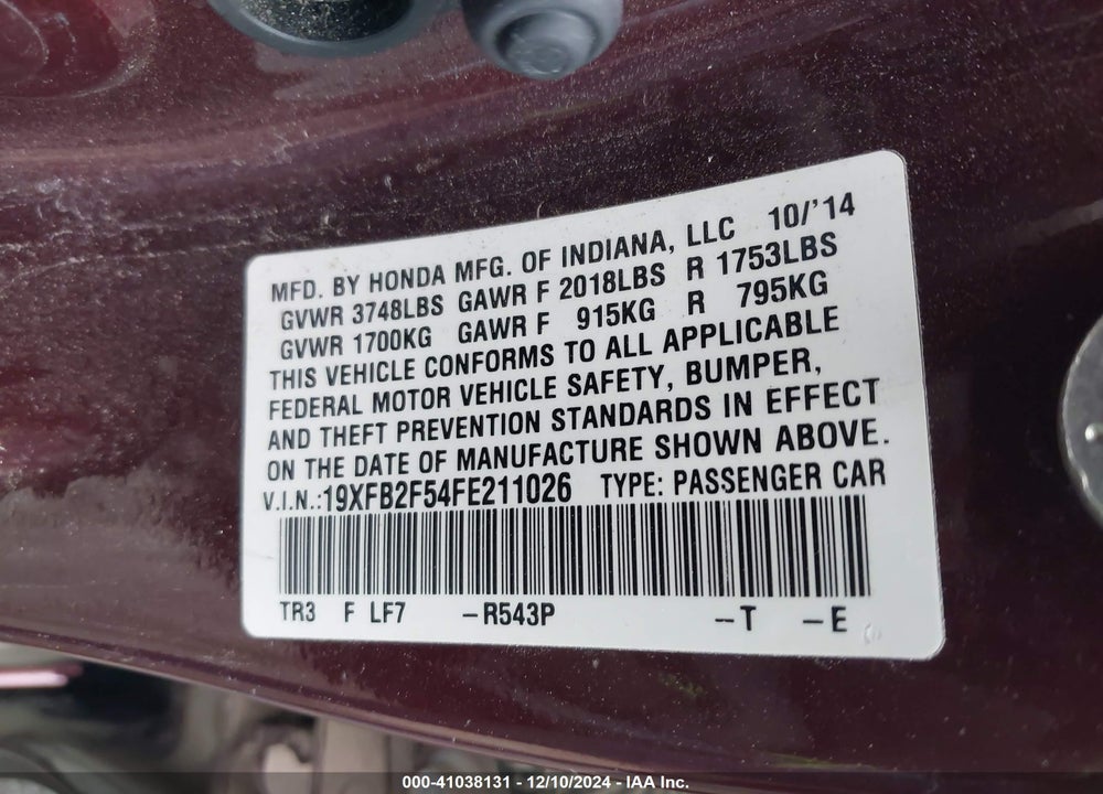 2015 HONDA CIVIC LX VIN: 19XFB2F54FE211026