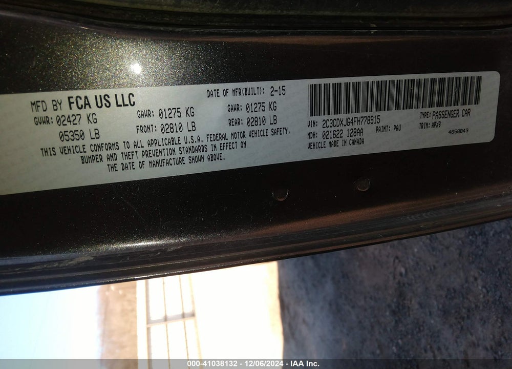 2015 DODGE CHARGER VIN: 2C3CDXJG4FH778915