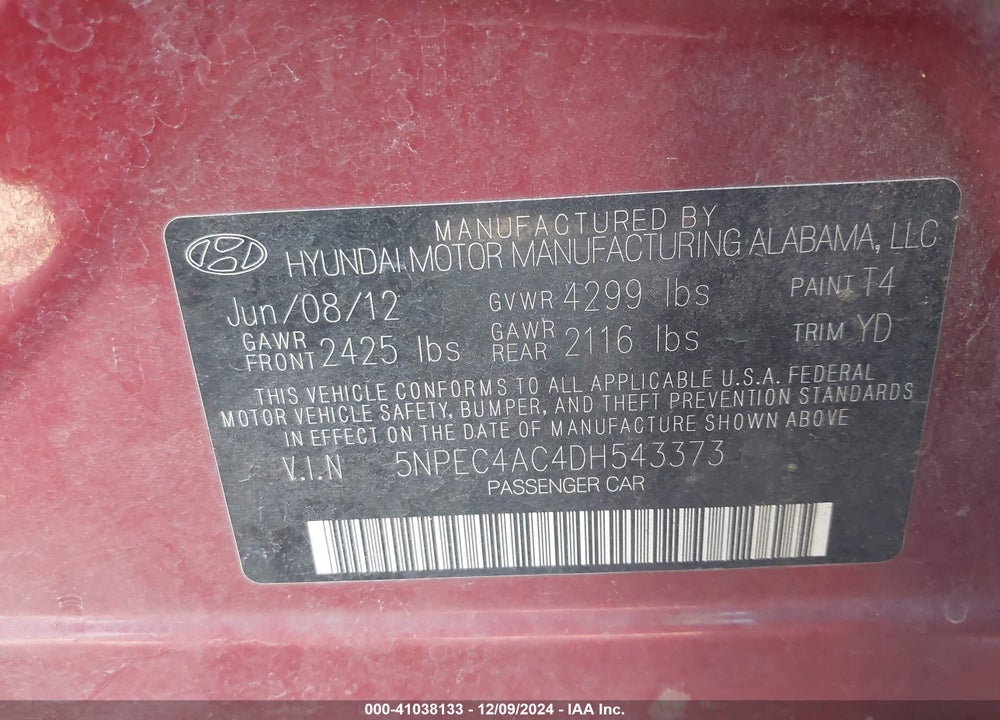 2013 HYUNDAI SONATA VIN: 5NPEC4AC4DH543373