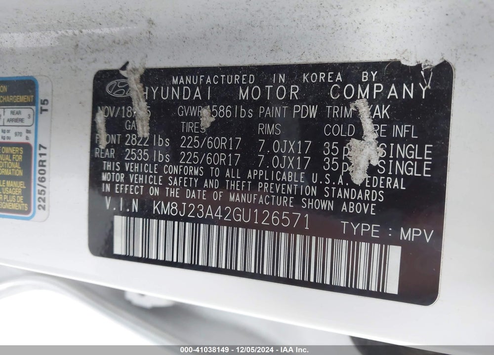 2016 HYUNDAI TUCSON SE VIN: KM8J23A42GU126571