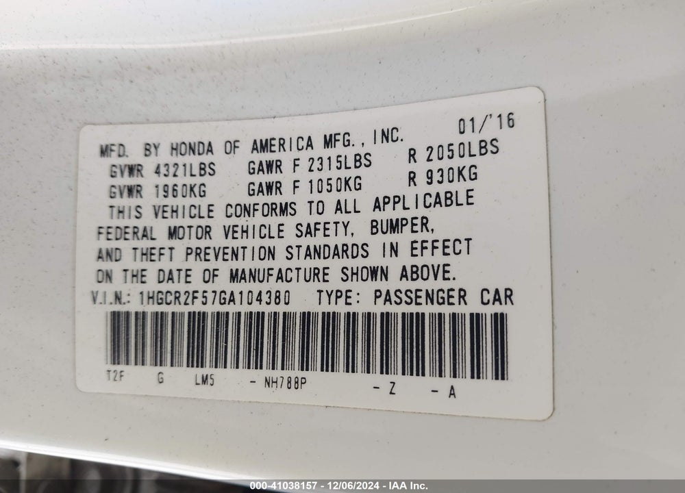 2016 HONDA ACCORD VIN: 1HGCR2F57GA104380