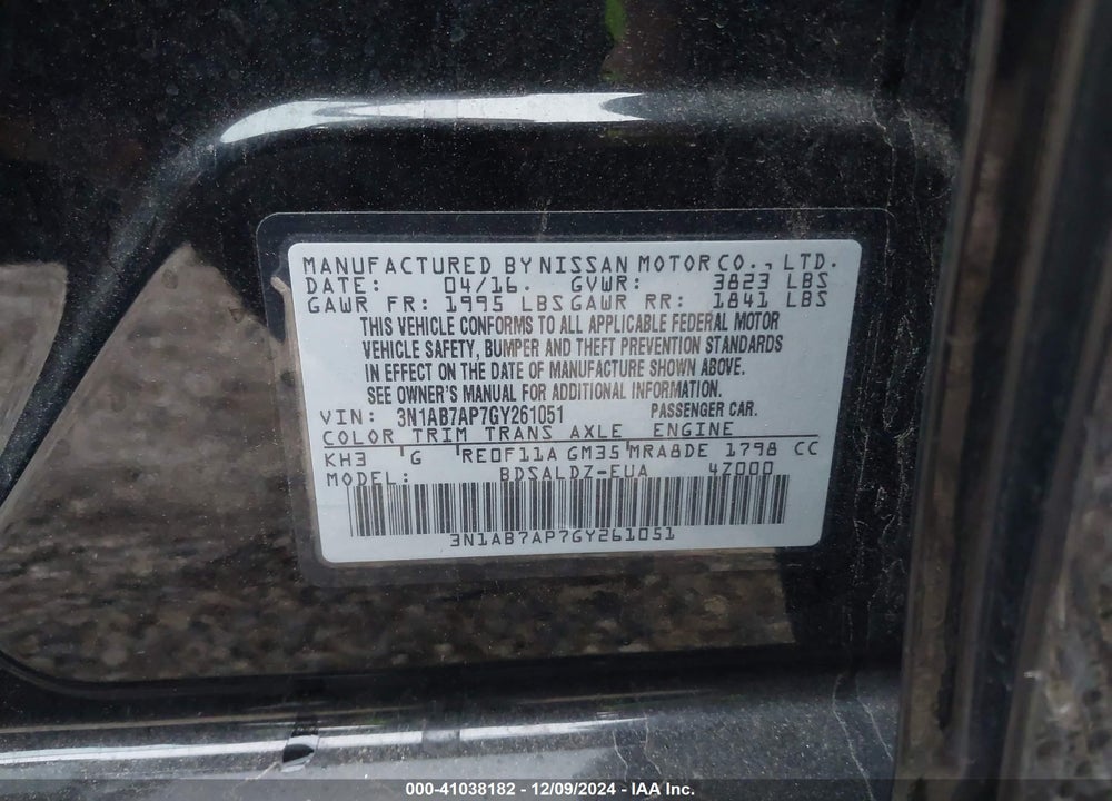 2016 NISSAN SENTRA SV VIN: 3N1AB7AP7GY261051