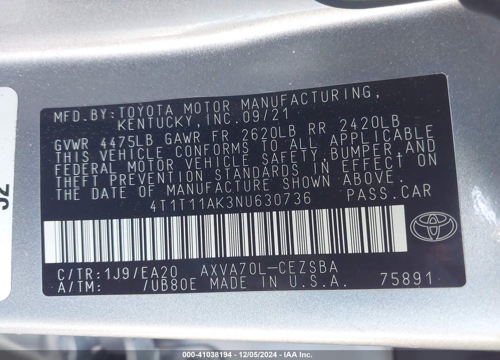 2022 TOYOTA CAMRY SE VIN: 4T1T11AK3NU630736