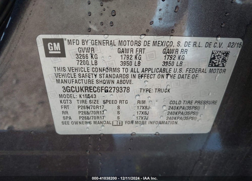 2015 CHEVROLET SILVERADO 1500 2LT VIN: 3GCUKREC6FG279378