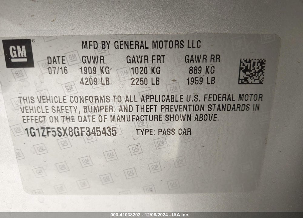 2016 CHEVROLET MALIBU 2LT VIN: 1G1ZF5SX8GF345435
