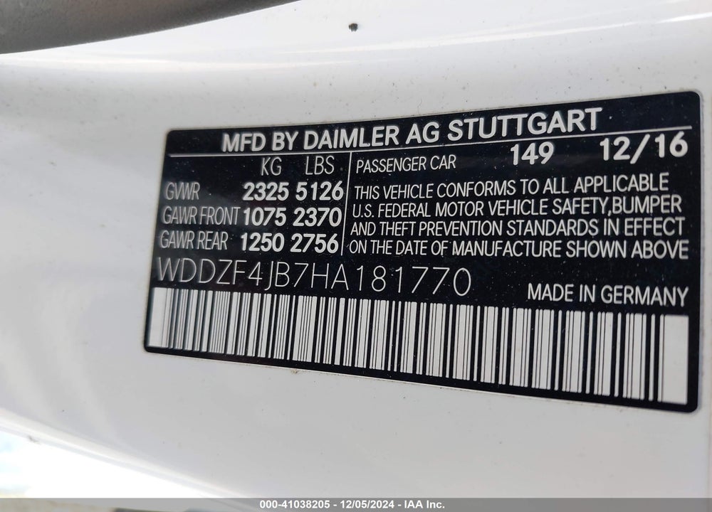 2017 MERCEDES-BENZ E 300 VIN: WDDZF4JB7HA181770