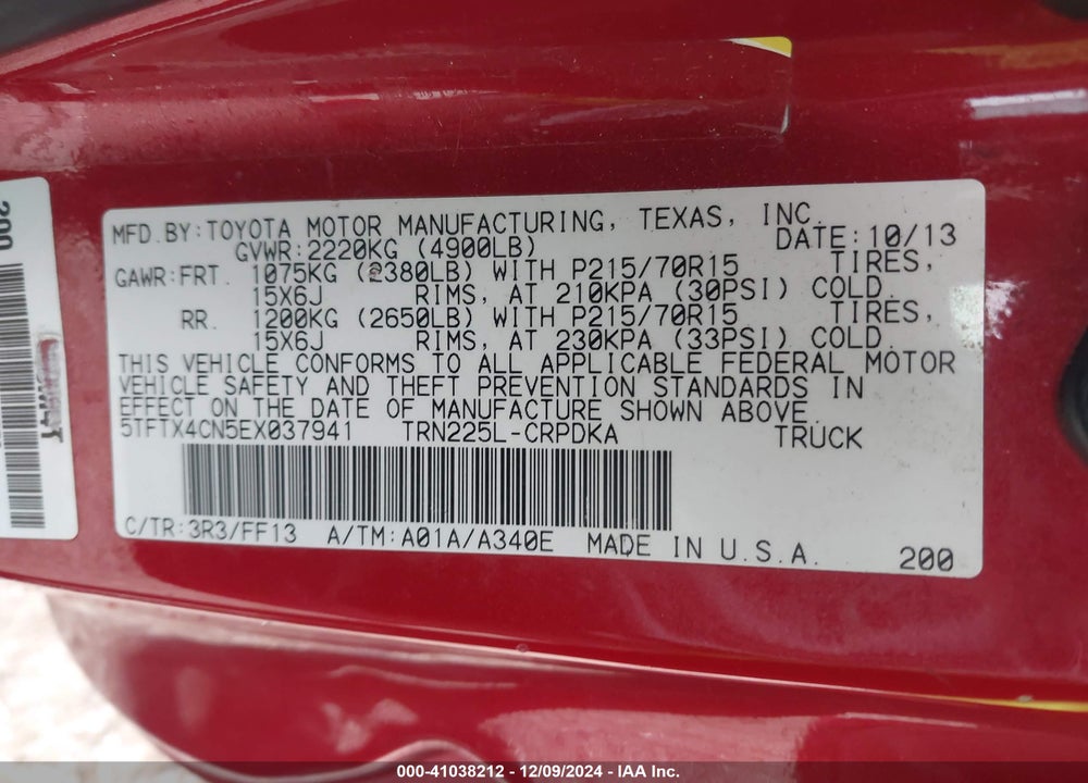 2014 TOYOTA TACOMA VIN: 5TFTX4CN5EX037941