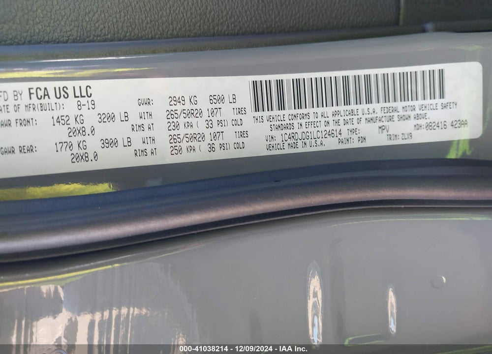 2020 DODGE DURANGO GT PLUS AWD VIN: 1C4RDJDG1LC124614