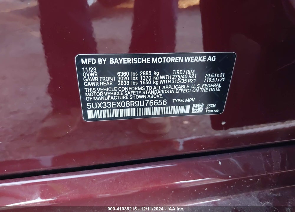 2024 BMW X6 XDRIVE40I VIN: 5UX33EX08R9U76656