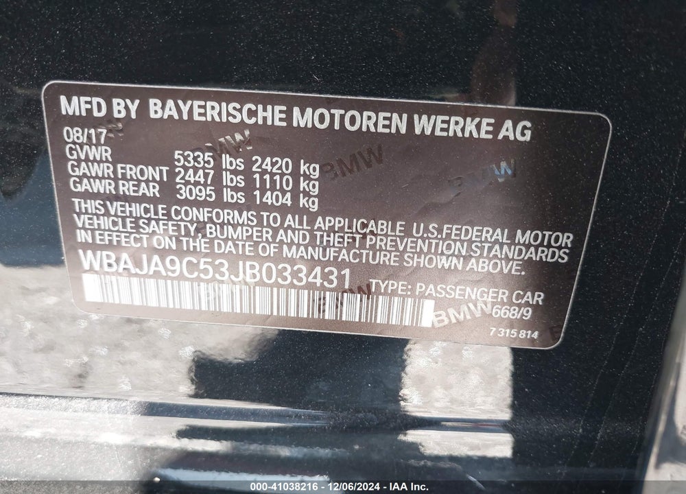 2018 BMW 530E VIN: WBAJA9C53JB033431
