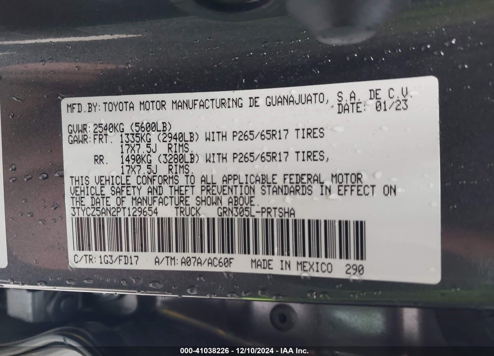2023 TOYOTA TACOMA VIN: 3TYCZ5AN2PT129654