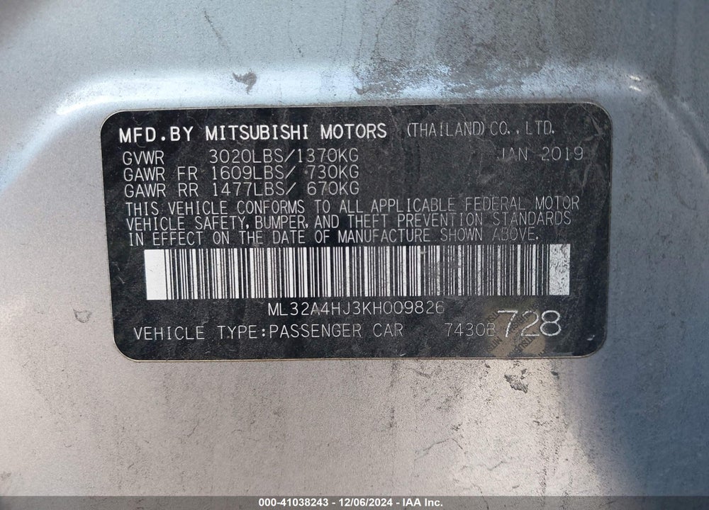 2019 MITSUBISHI MIRAGE SE VIN: ML32A4HJ3KH009826