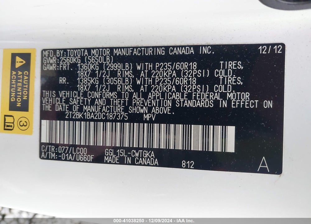 2013 LEXUS RX 350 VIN: 2T2BK1BA2DC187375