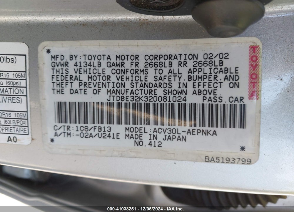 2002 TOYOTA CAMRY LE VIN: JTDBE32K320081024