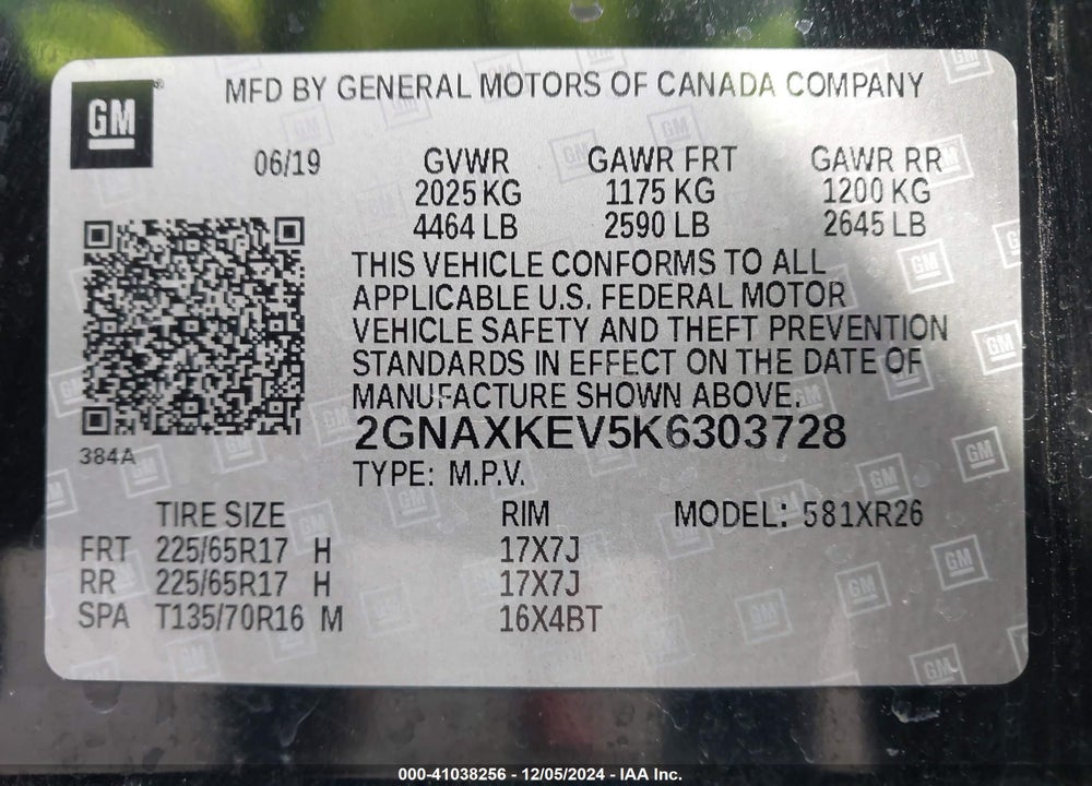 2019 CHEVROLET EQUINOX LT VIN: 2GNAXKEV5K6303728