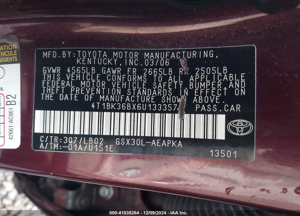 2006 TOYOTA AVALON VIN: 4T1BK36BX6U133357