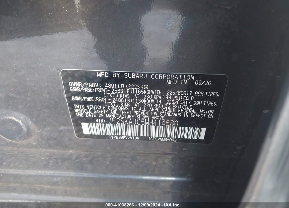2021 SUBARU FORESTER PREMIUM VIN: JF2SKAJC5MH414580