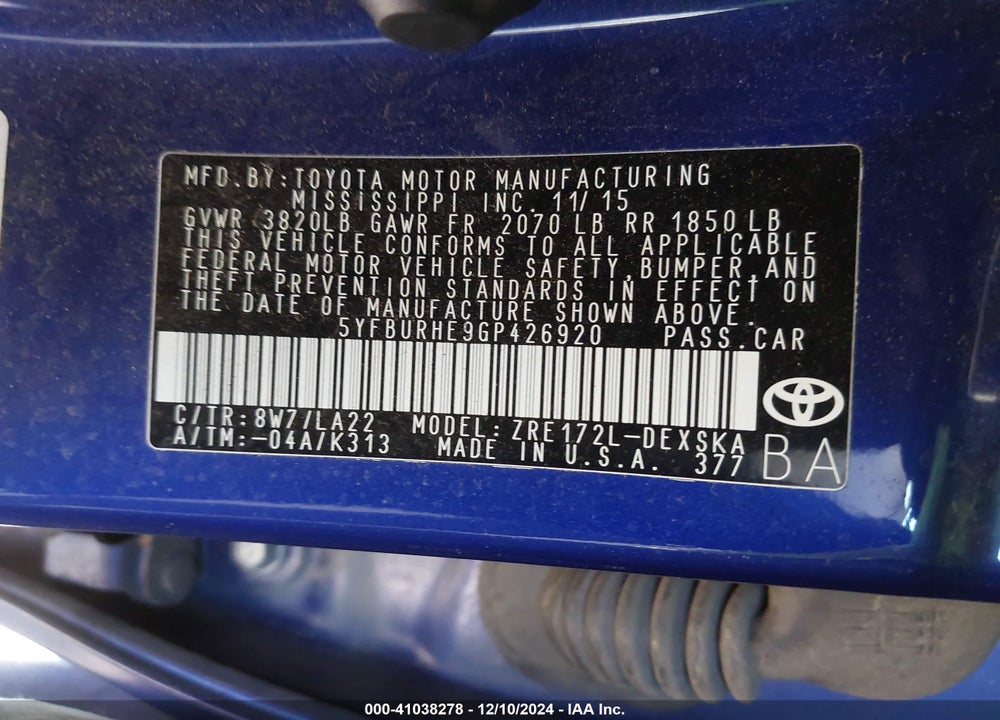 2016 TOYOTA COROLLA S PREMIUM VIN: 5YFBURHE9GP426920