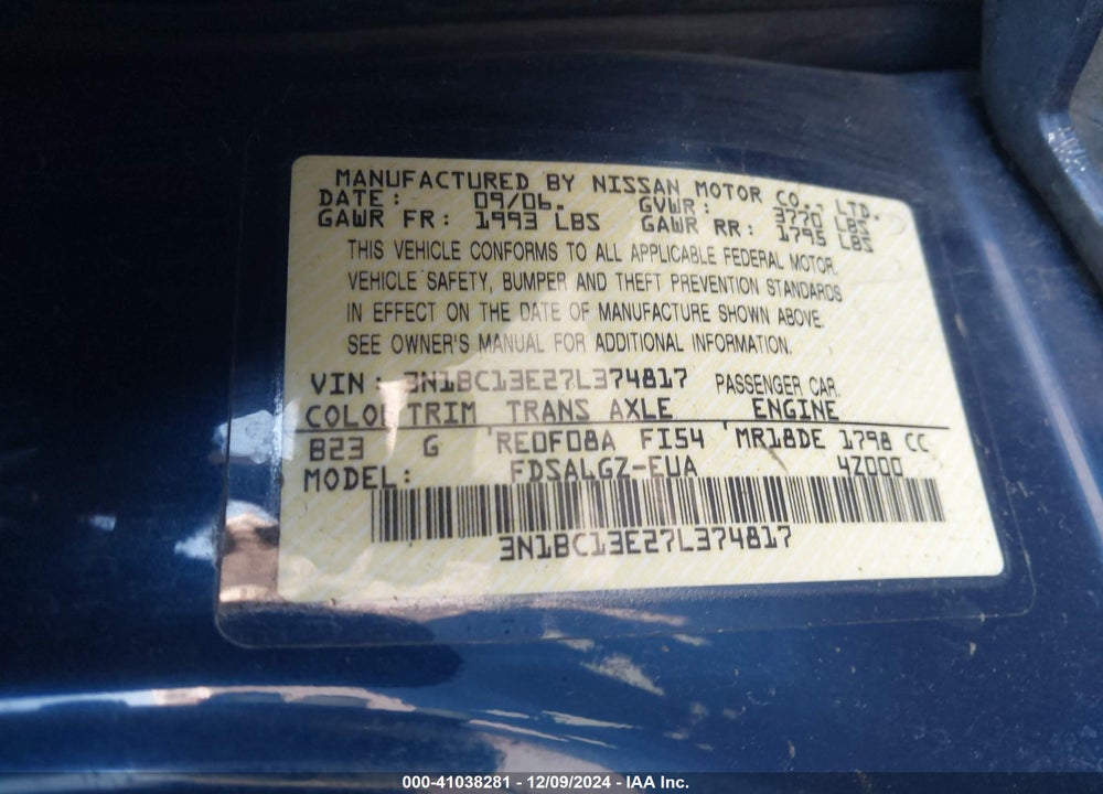 2007 NISSAN VERSA 1.8SL VIN: 3N1BC13E27L374817