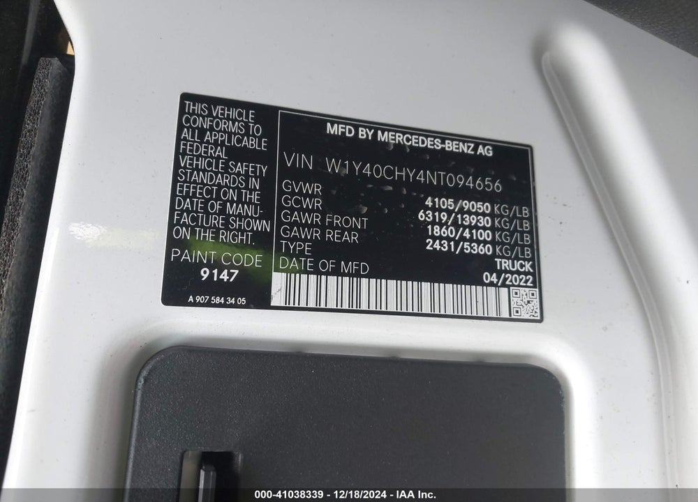 2022 MERCEDES-BENZ SPRINTER 2500 HIGH ROOF I4 VIN: W1Y40CHY4NT094656