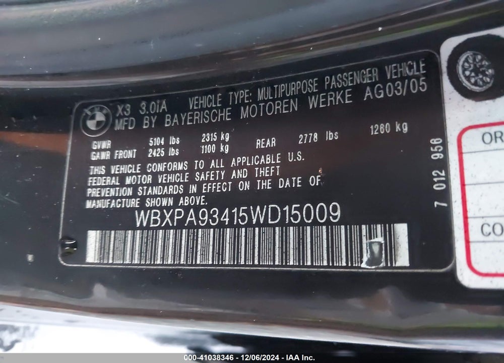 2005 BMW X3 3.0I VIN: WBXPA93415WD15009