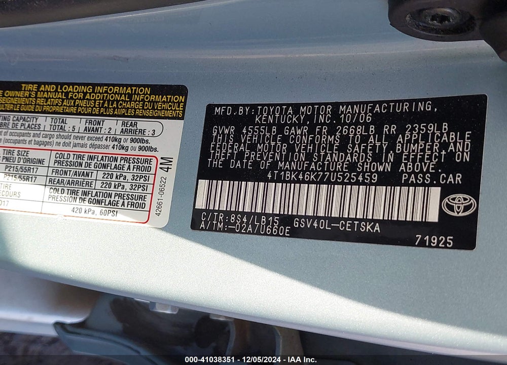 2007 TOYOTA CAMRY SE V6 VIN: 4T1BK46K77U525459
