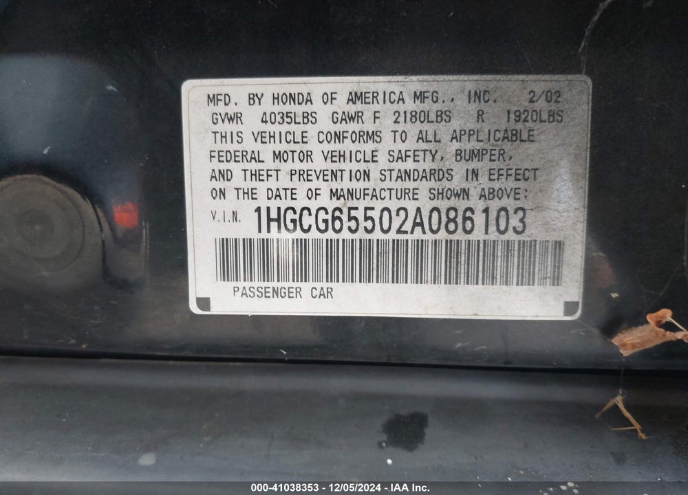 2002 HONDA ACCORD 2.3 LX VIN: 1HGCG65502A086103