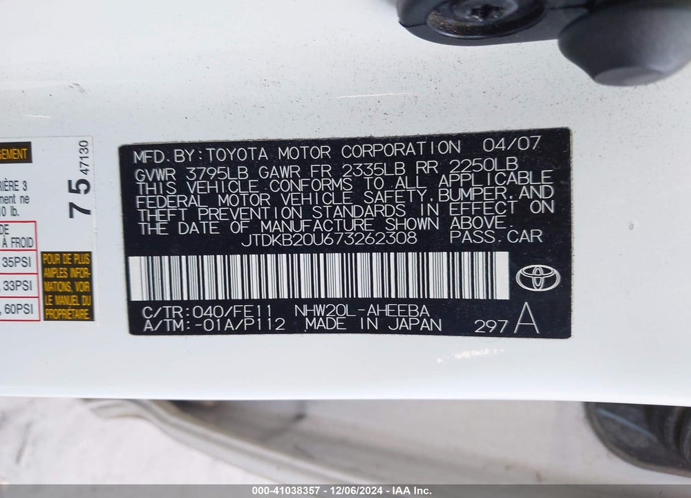 2007 TOYOTA PRIUS VIN: JTDKB20U673262308