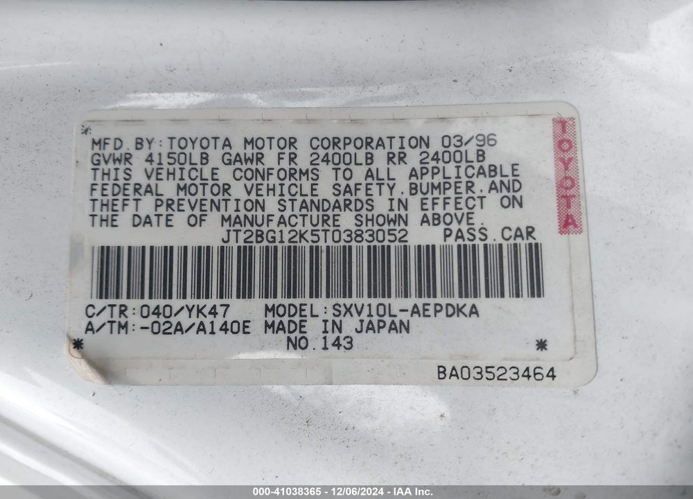 1996 TOYOTA CAMRY DX/LE/XLE VIN: JT2BG12K5T0383052