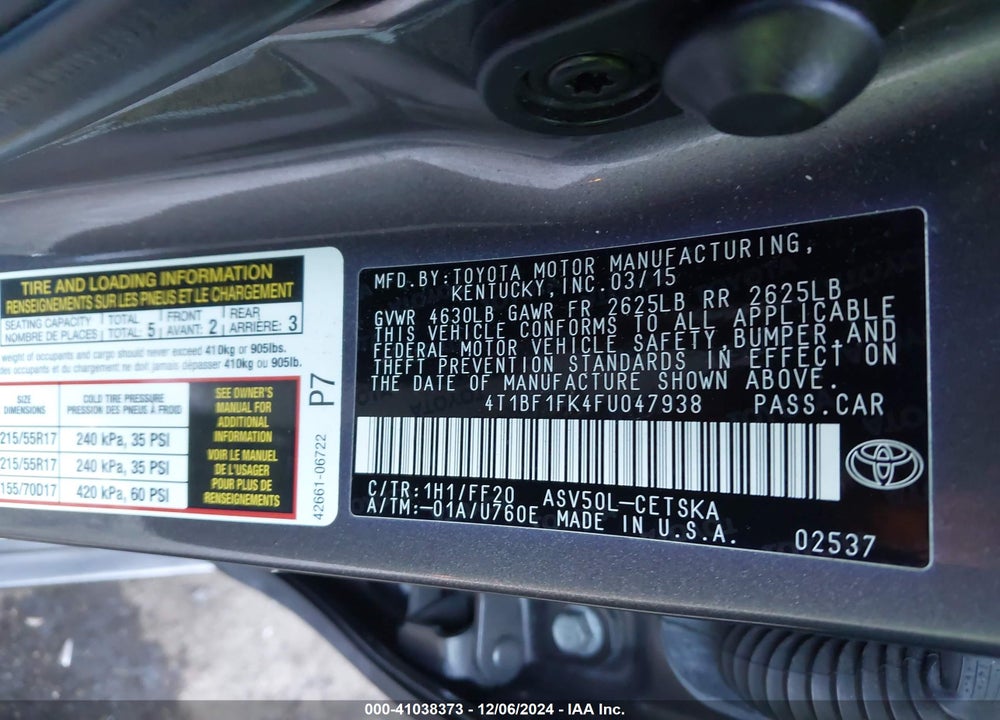 2015 TOYOTA CAMRY SE VIN: 4T1BF1FK4FU047938