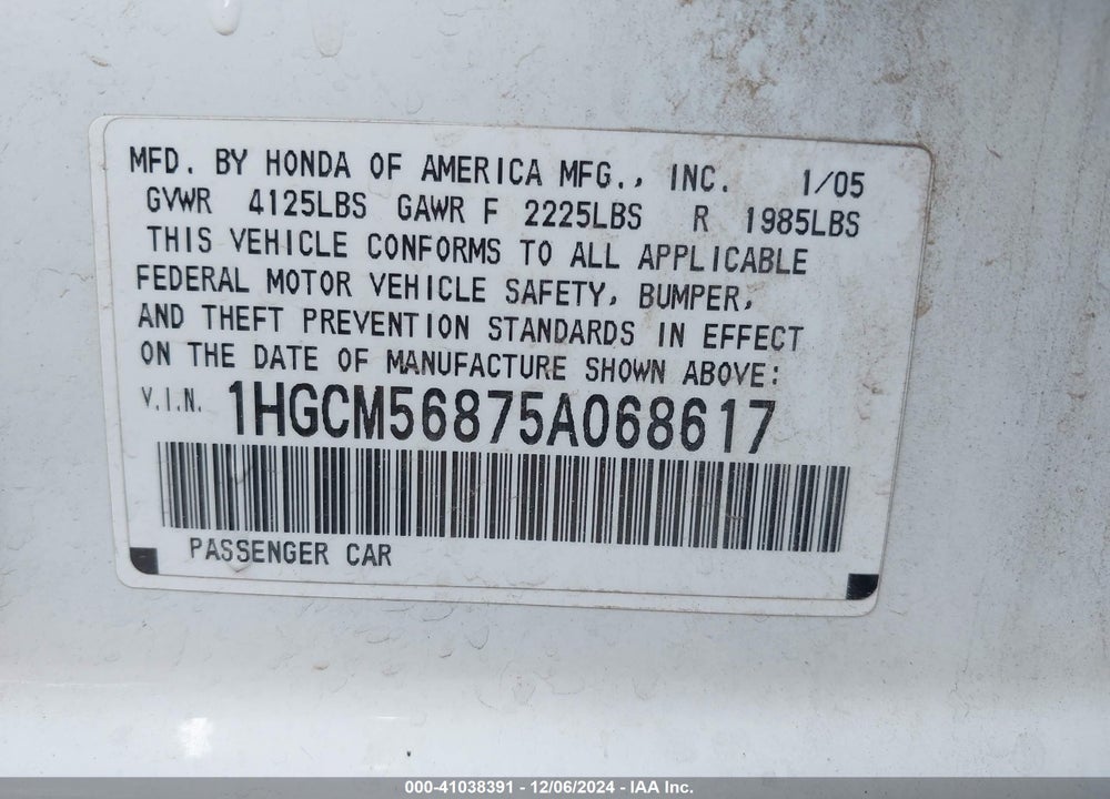 2005 HONDA ACCORD 2.4 EX VIN: 1HGCM56875A068617