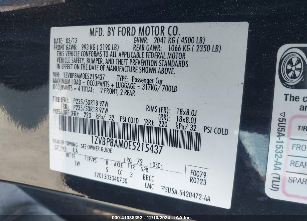 2014 FORD MUSTANG V6 VIN: 1ZVBP8AM0E5215437