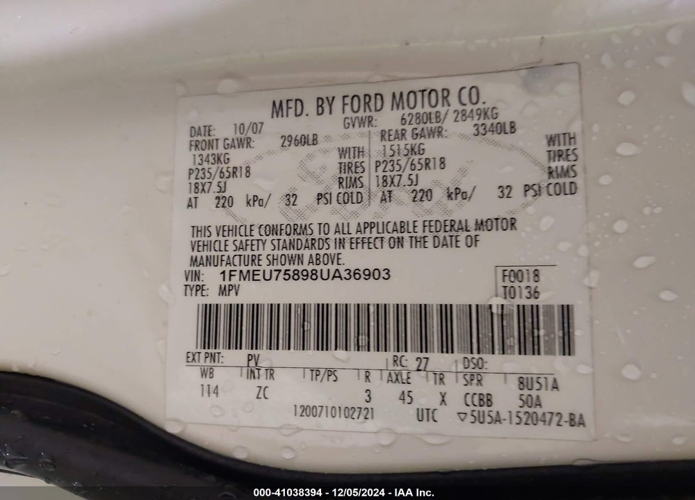 2008 FORD EXPLORER LIMITED VIN: 1FMEU75898UA36903