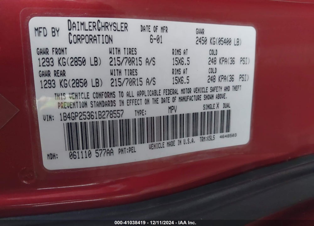 2001 DODGE CARAVAN SE VIN: 1B4GP25361B278557