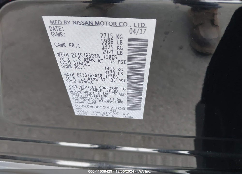 2017 INFINITI QX60 VIN: 5N1DL0MN9HC547109