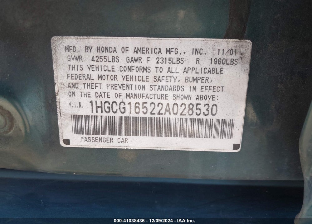 2002 HONDA ACCORD 3.0 EX VIN: 1HGCG16522A028530