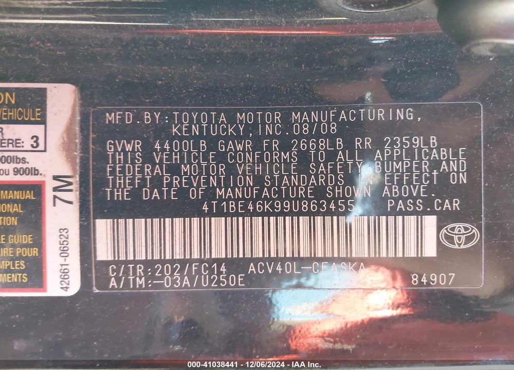 2009 TOYOTA CAMRY SE VIN: 4T1BE46K99U863455