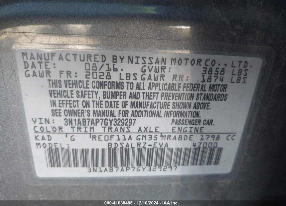 2016 NISSAN SENTRA SR VIN: 3N1AB7AP7GY329297