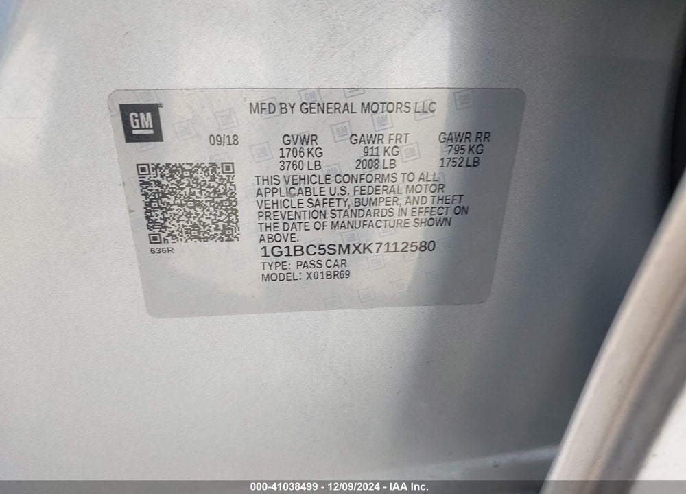 2019 CHEVROLET CRUZE VIN: 1G1BC5SMXK7112580
