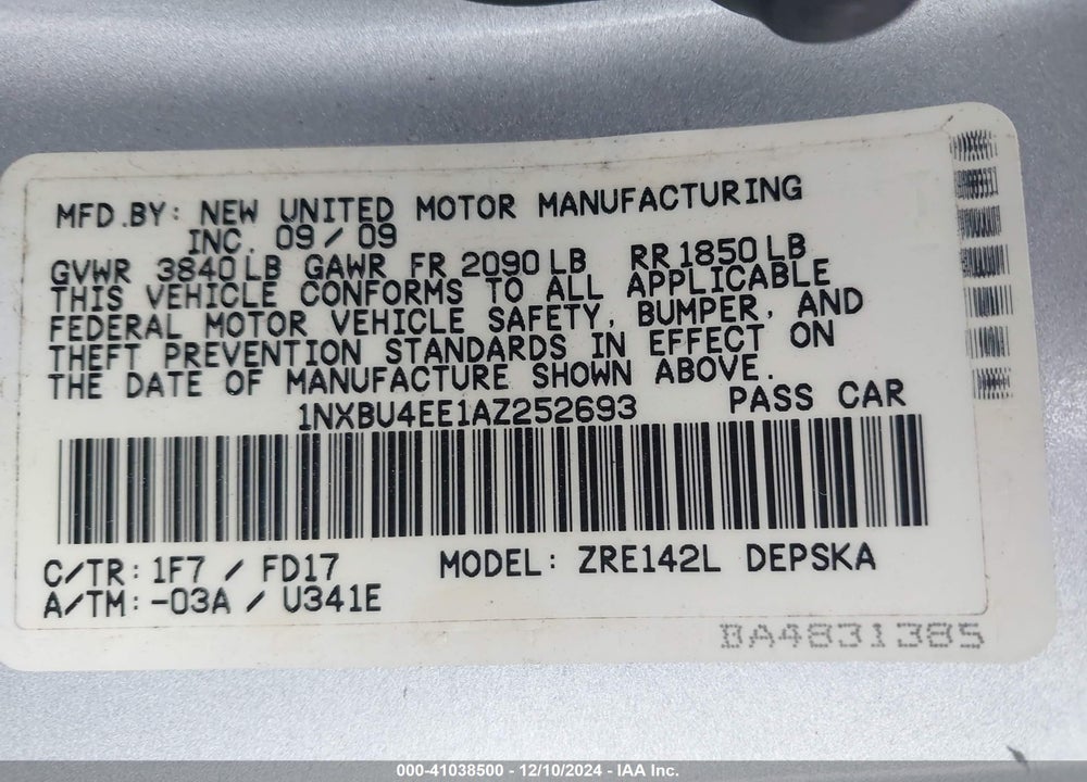 2010 TOYOTA COROLLA S VIN: 1NXBU4EE1AZ252693