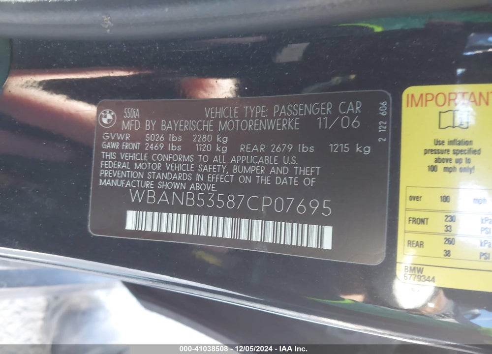 2007 BMW 550I VIN: WBANB53587CP07695