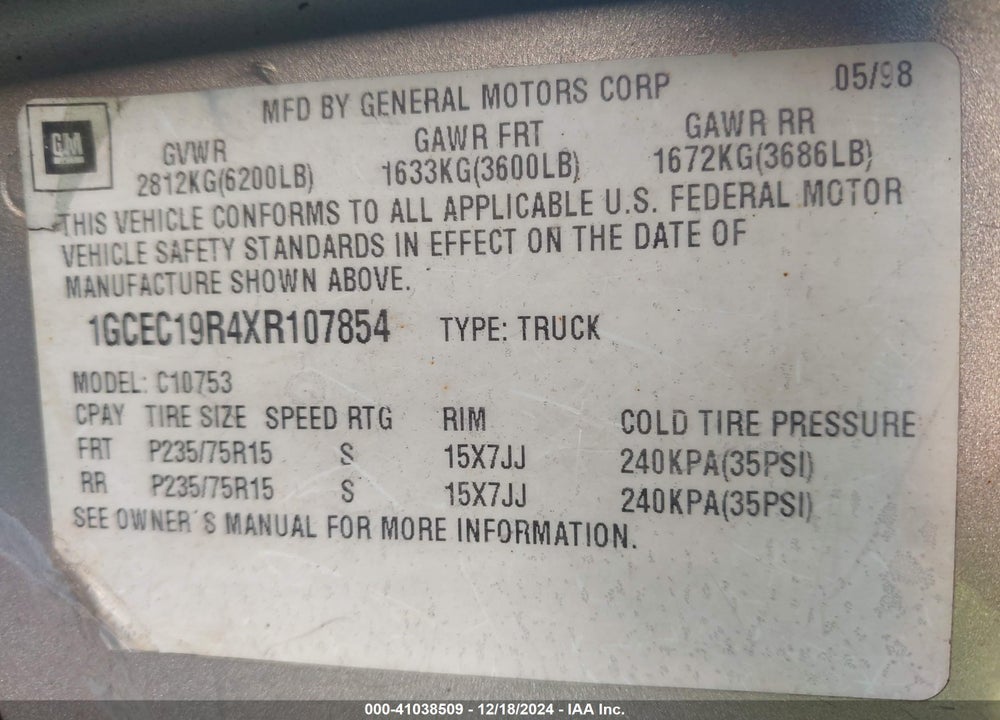 1999 CHEVROLET C1500 LS VIN: 1GCEC19R4XR107854