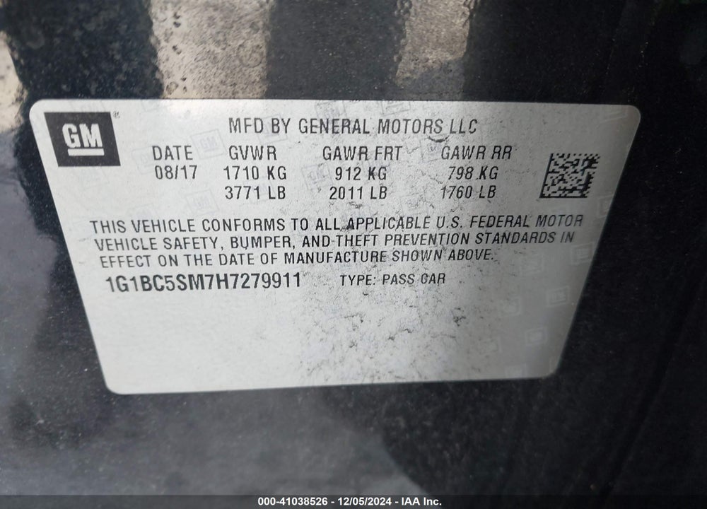 2017 CHEVROLET CRUZE LS AUTO VIN: 1G1BC5SM7H7279911