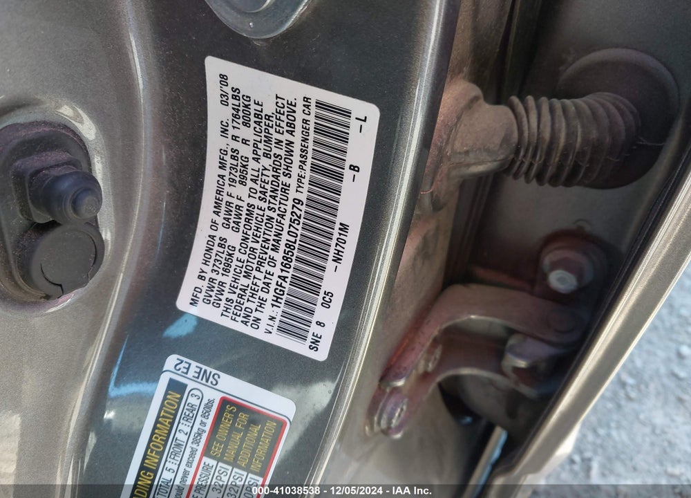 2008 HONDA CIVIC EX VIN: 1HGFA16858L075279