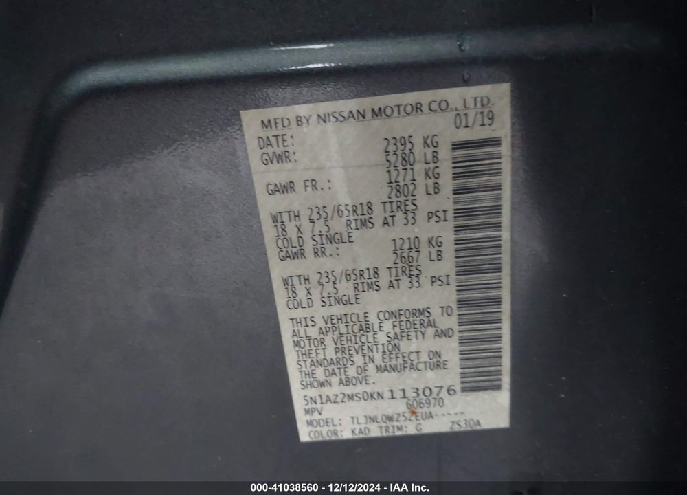 2019 NISSAN MURANO SV VIN: 5N1AZ2MS0KN113076