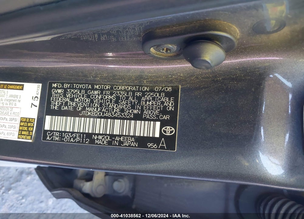 2008 TOYOTA PRIUS VIN: JTDKB20U483453324