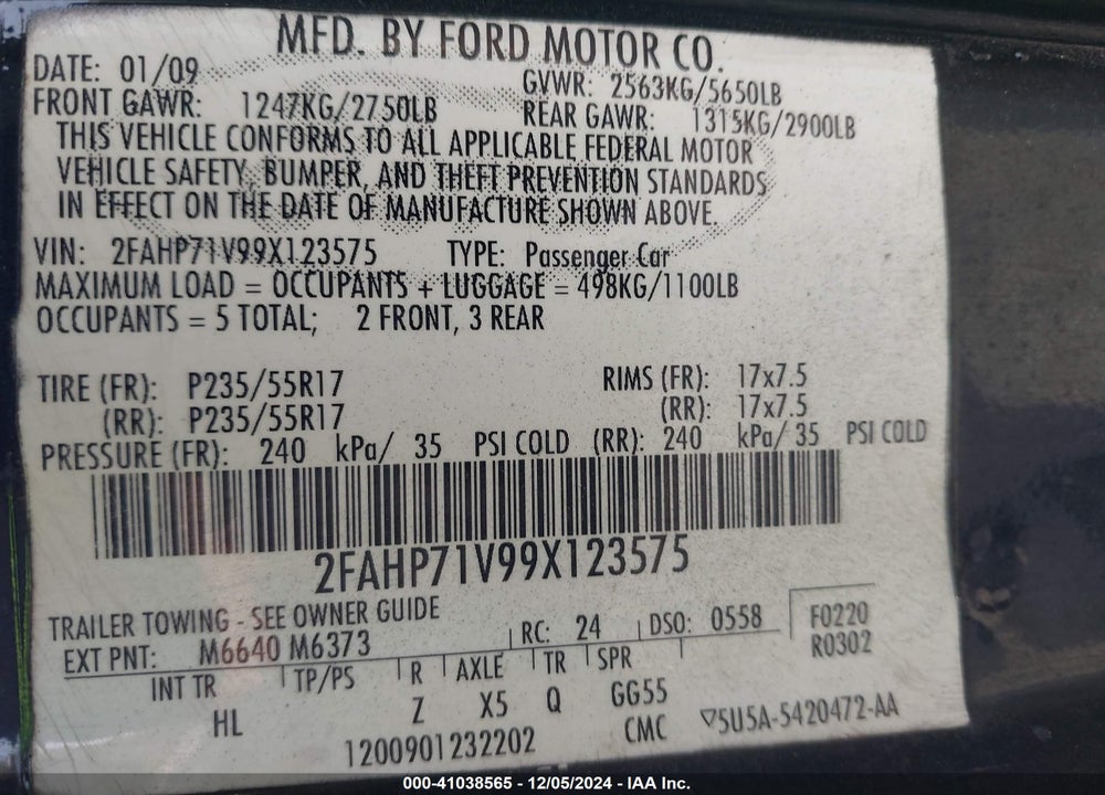 2009 FORD CROWN VICTORIA POLICE/POLICE INTERCEPTOR VIN: 2FAHP71V99X123575
