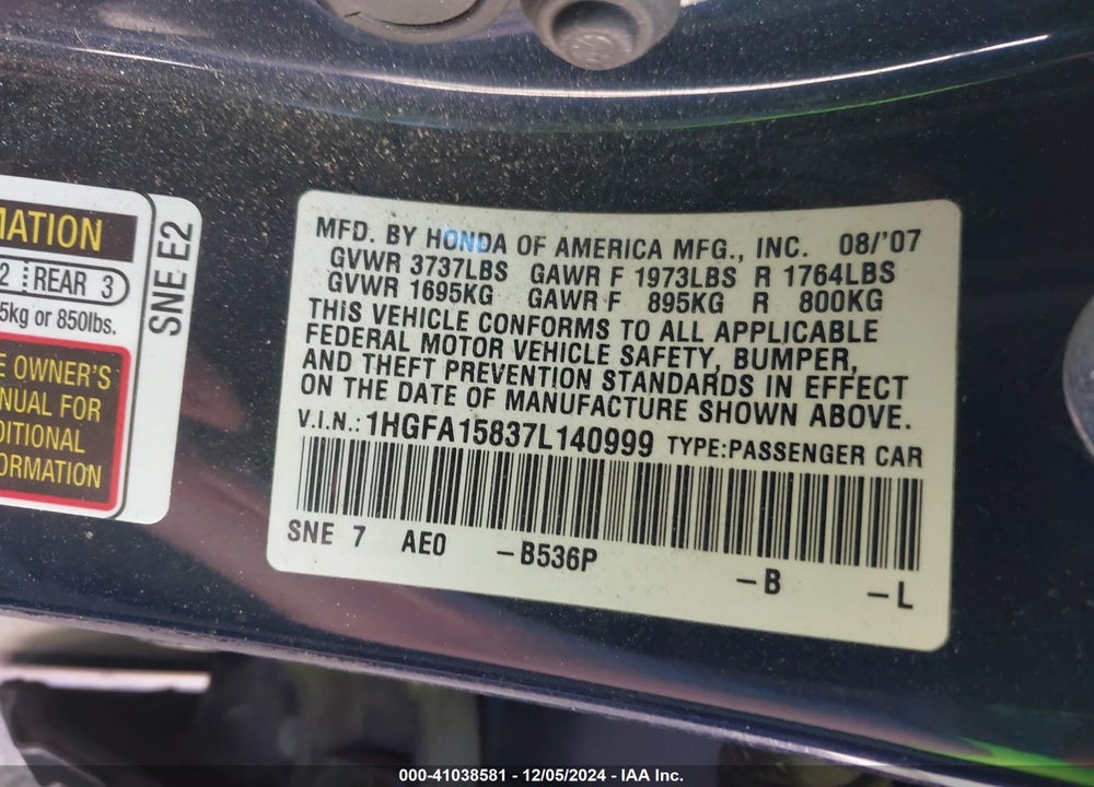 2007 HONDA CIVIC EX VIN: 1HGFA15837L140999