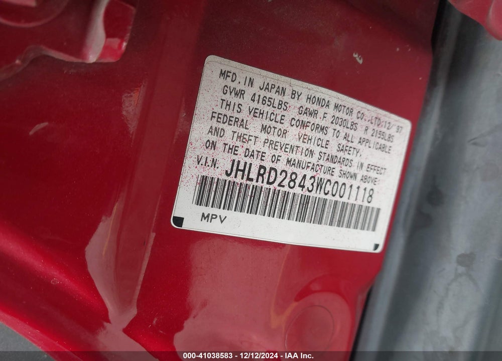 1998 HONDA CR-V LX VIN: JHLRD2843WC001118